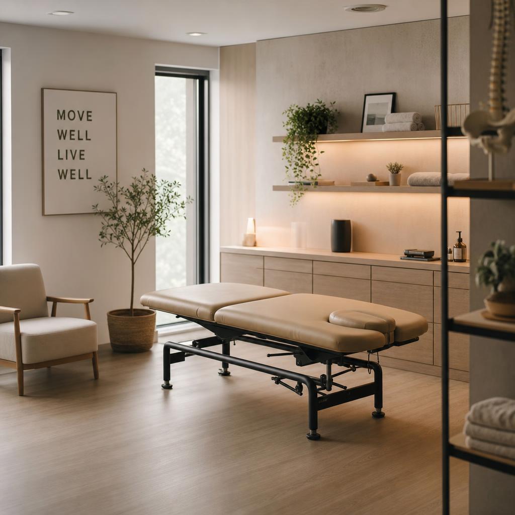 Tracey Duke treatment room with a plinth, natural light and clinic equipment